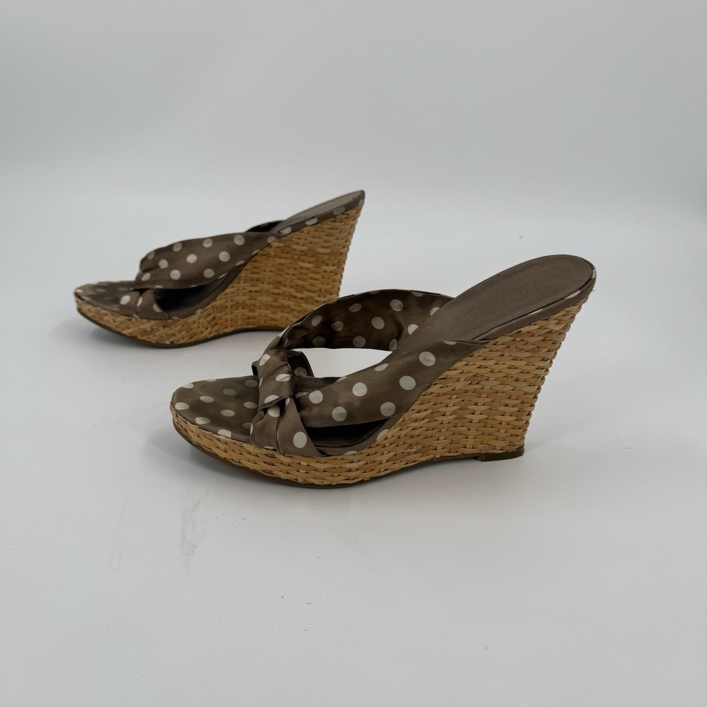 Nine West Women's 5 Polka Dot Wedge Sandals Brown White Rattan Platform Slides